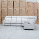 The Stratton Modular Corner Lounge with Dual Electric Recliners - Light Grey Leather available to purchase from Warehouse Furniture Clearance at our next sale event.