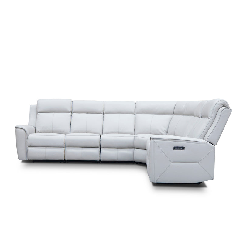 The Stratton Modular Corner Lounge with Dual Electric Recliners - Light Grey Leather available to purchase from Warehouse Furniture Clearance at our next sale event.
