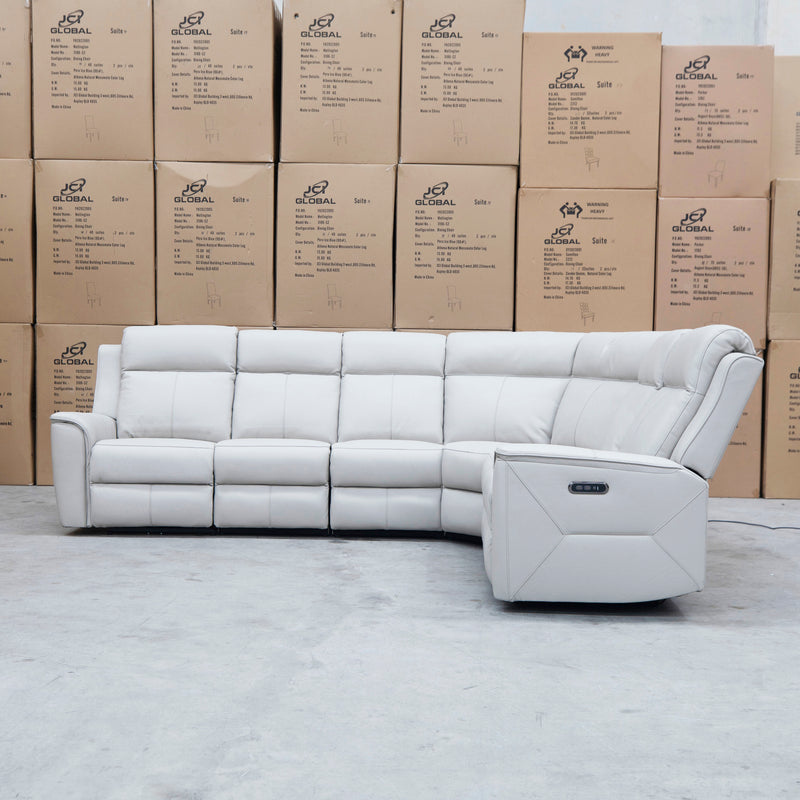 The Stratton Modular Corner Lounge with Dual Electric Recliners - Light Grey Leather available to purchase from Warehouse Furniture Clearance at our next sale event.
