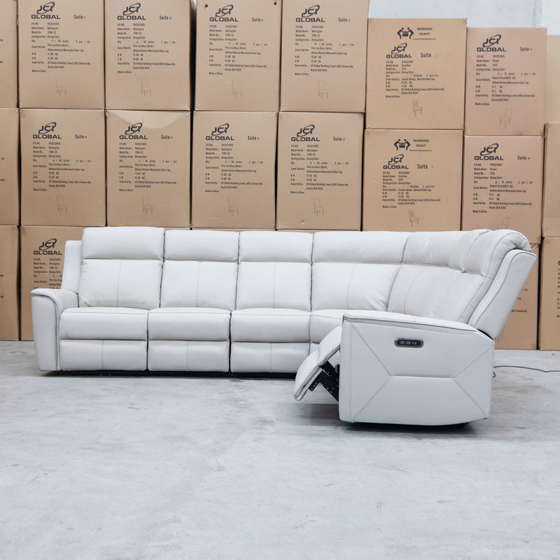 The Stratton Modular Corner Lounge with Dual Electric Recliners - Light Grey Leather available to purchase from Warehouse Furniture Clearance at our next sale event.