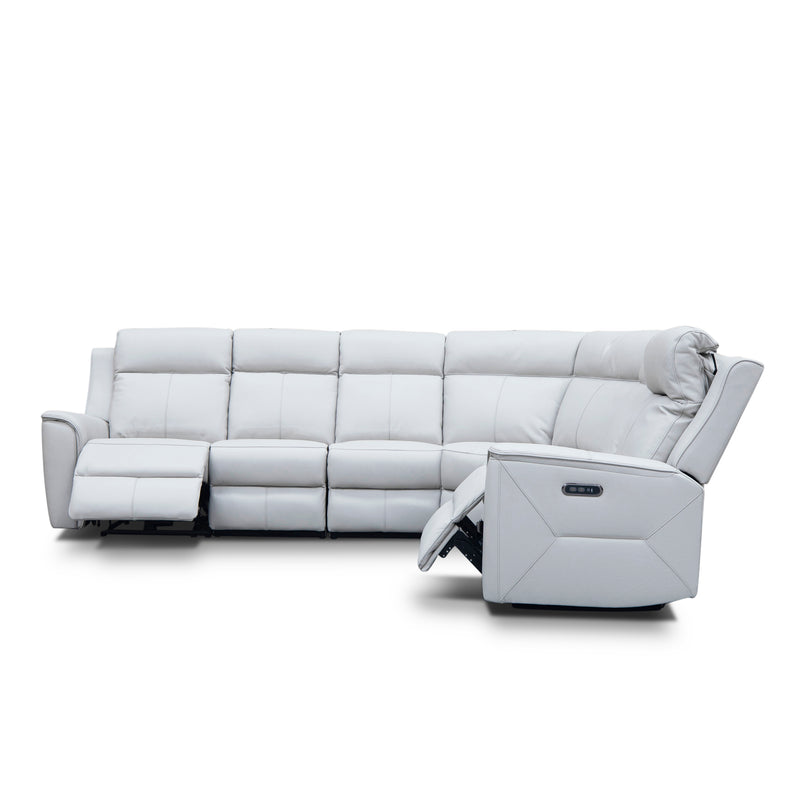 The Stratton Modular Corner Lounge with Dual Electric Recliners - Light Grey Leather available to purchase from Warehouse Furniture Clearance at our next sale event.
