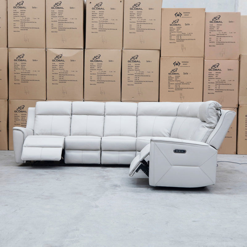 The Stratton Modular Corner Lounge with Dual Electric Recliners - Light Grey Leather available to purchase from Warehouse Furniture Clearance at our next sale event.