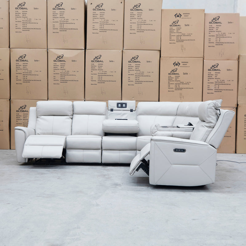 The Stratton Modular Corner Lounge with Dual Electric Recliners - Light Grey Leather available to purchase from Warehouse Furniture Clearance at our next sale event.