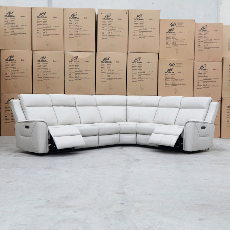 The Stratton Modular Corner Lounge with Dual Electric Recliners - Light Grey Leather available to purchase from Warehouse Furniture Clearance at our next sale event.