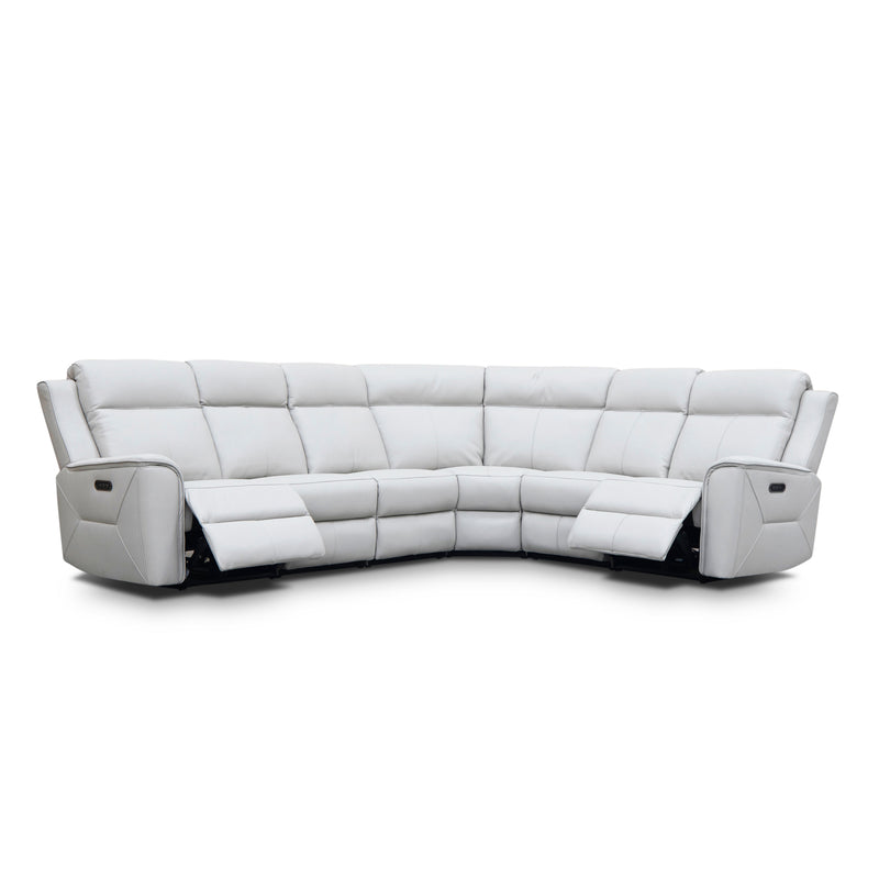 The Stratton Modular Corner Lounge with Dual Electric Recliners - Light Grey Leather available to purchase from Warehouse Furniture Clearance at our next sale event.