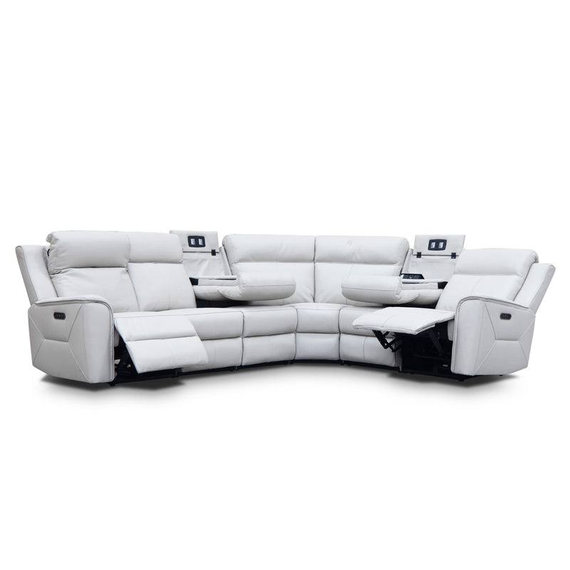 The Stratton Modular Corner Lounge with Dual Electric Recliners - Light Grey Leather available to purchase from Warehouse Furniture Clearance at our next sale event.