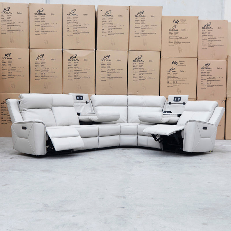 The Stratton Modular Corner Lounge with Dual Electric Recliners - Light Grey Leather available to purchase from Warehouse Furniture Clearance at our next sale event.