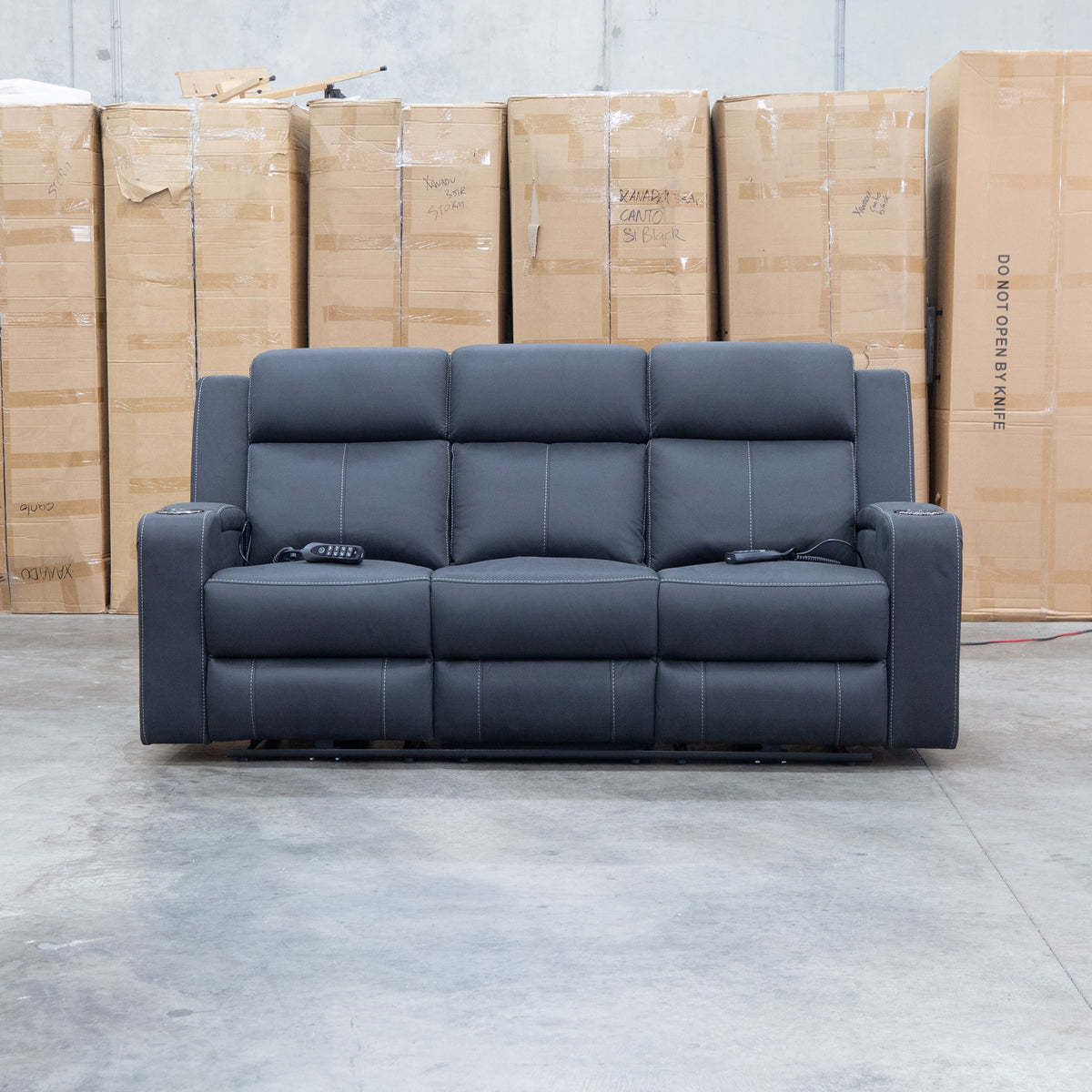 The Stratton Three Seat Triple Motor Recliner Lounge with Air Massager - Jet available to purchase from Warehouse Furniture Clearance at our next sale event.