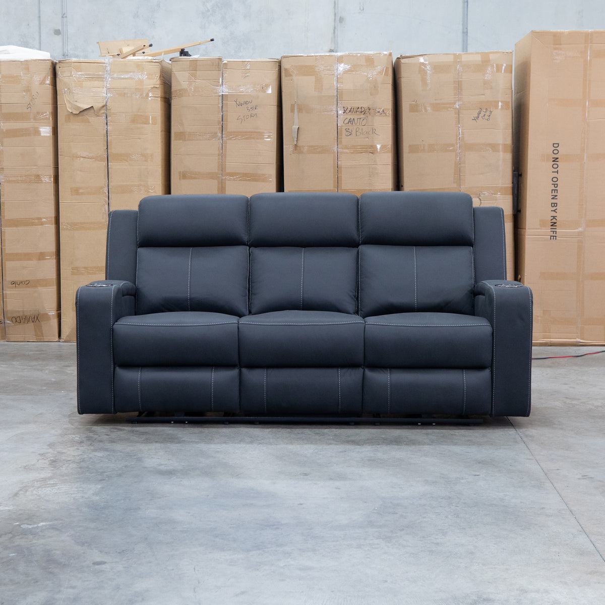 The Stratton Three Seat Triple Motor Recliner Lounge with Air Massager - Jet available to purchase from Warehouse Furniture Clearance at our next sale event.