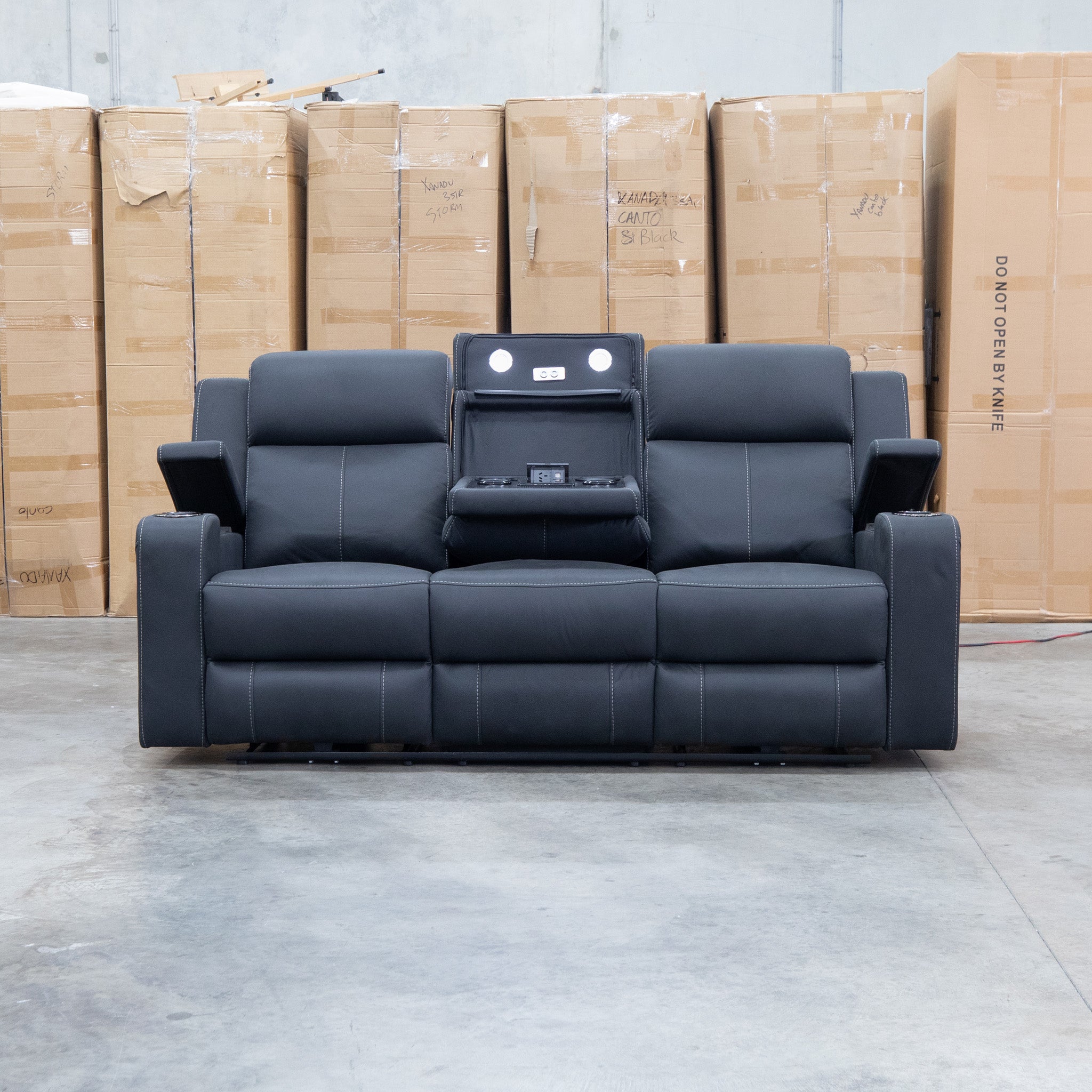 The Stratton Three Seat Triple Motor Recliner Lounge with Air Massager - Jet available to purchase from Warehouse Furniture Clearance at our next sale event.