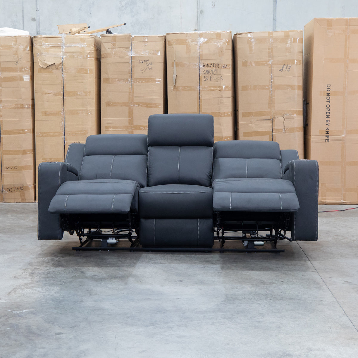 The Stratton Three Seat Triple Motor Recliner Lounge with Air Massager - Jet available to purchase from Warehouse Furniture Clearance at our next sale event.