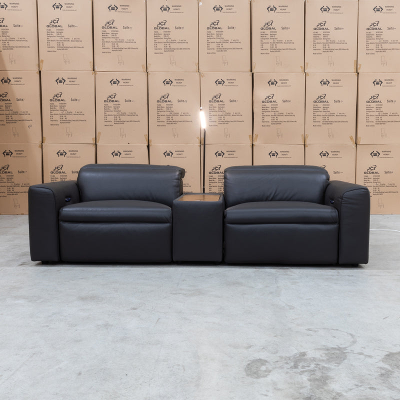 The Sydney Two Seater Electric Leather Theatre Lounge - Graphite available to purchase from Warehouse Furniture Clearance at our next sale event.