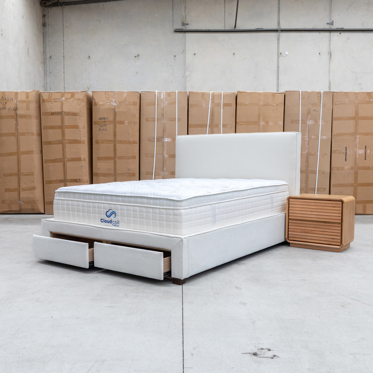 The Talia Double Fabric Storage Bed - Bone available to purchase from Warehouse Furniture Clearance at our next sale event.