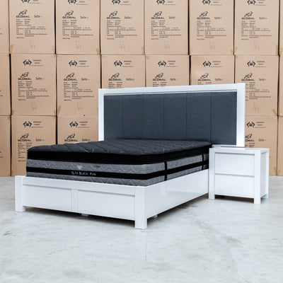 The Teneriffe 3pce Queen White Gloss Timber Storage Bed Suite available to purchase from Warehouse Furniture Clearance at our next sale event.