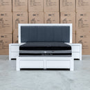 The Teneriffe 3pce Queen White Gloss Timber Storage Bed Suite available to purchase from Warehouse Furniture Clearance at our next sale event.