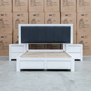 The Teneriffe 3pce Queen White Gloss Timber Storage Bed Suite available to purchase from Warehouse Furniture Clearance at our next sale event.