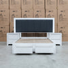 The Teneriffe 3pce King White Gloss Timber Storage Bed Suite available to purchase from Warehouse Furniture Clearance at our next sale event.