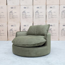 The Tiffany Feather & Foam Round Daybed - Olive available to purchase from Warehouse Furniture Clearance at our next sale event.