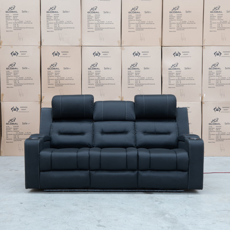 The Toronto Three Seat Dual-Electric Recliner Lounge - Jet available to purchase from Warehouse Furniture Clearance at our next sale event.