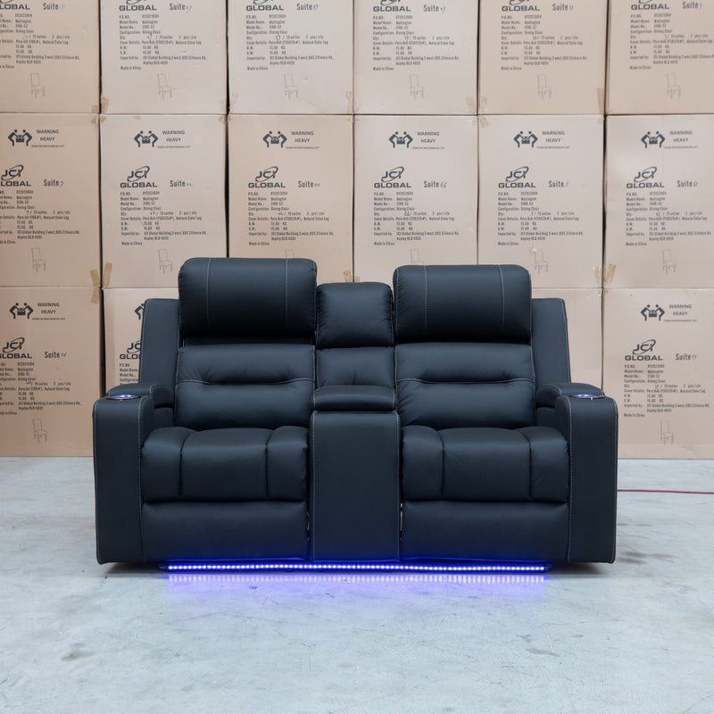 The Toronto Two Seat Dual-Electric Recliner Theatre - Jet available to purchase from Warehouse Furniture Clearance at our next sale event.