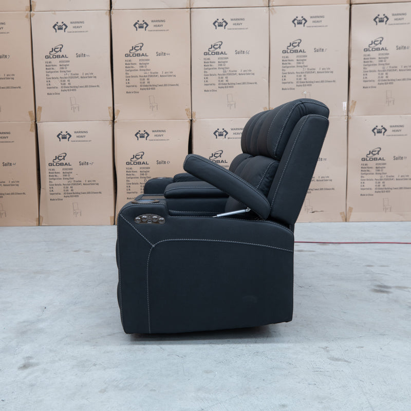 The Toronto Two Seat Dual-Electric Recliner Theatre - Jet available to purchase from Warehouse Furniture Clearance at our next sale event.