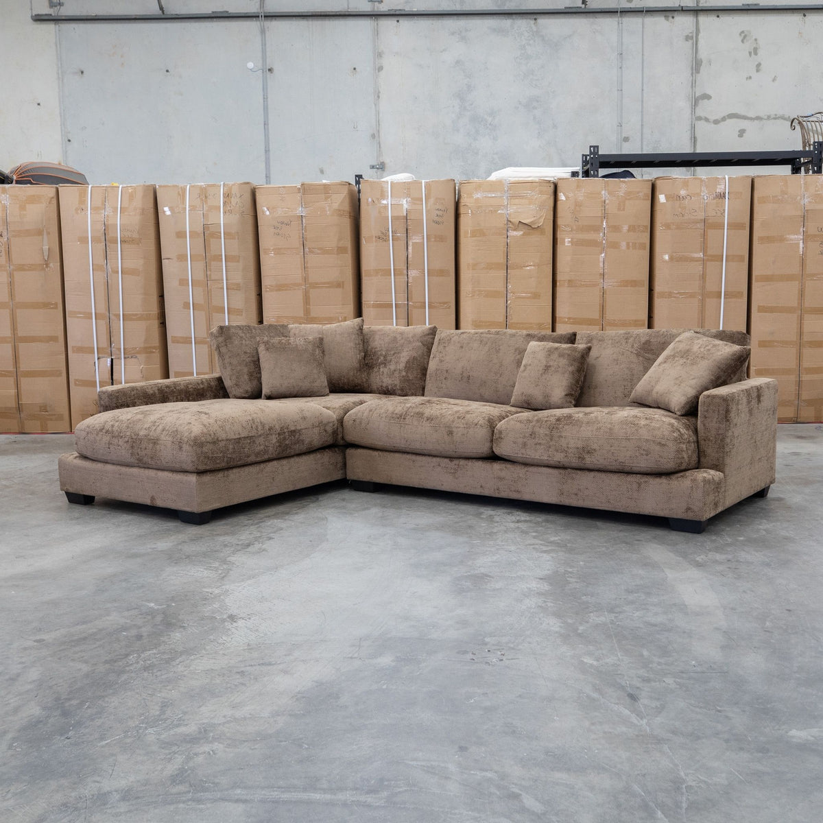 The Fate Deep Seat Feather & Foam LHF Chaise Lounge - Truffle available to purchase from Warehouse Furniture Clearance at our next sale event.
