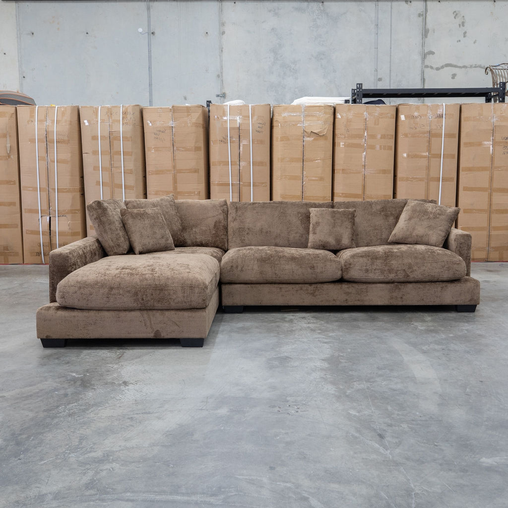 The Fate Deep Seat Feather & Foam LHF Chaise Lounge - Truffle available to purchase from Warehouse Furniture Clearance at our next sale event.
