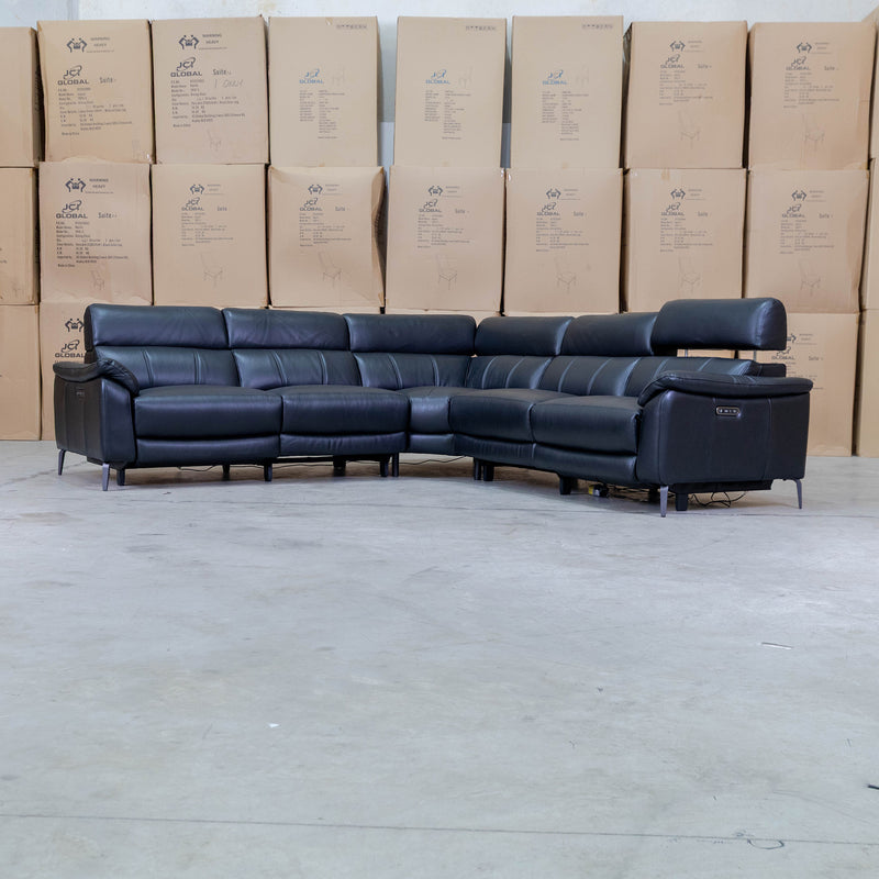 The Urban Electric Leather Corner Recliner Lounge - Black available to purchase from Warehouse Furniture Clearance at our next sale event.