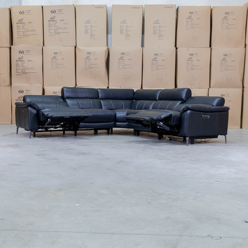 The Urban Electric Leather Corner Recliner Lounge - Black available to purchase from Warehouse Furniture Clearance at our next sale event.