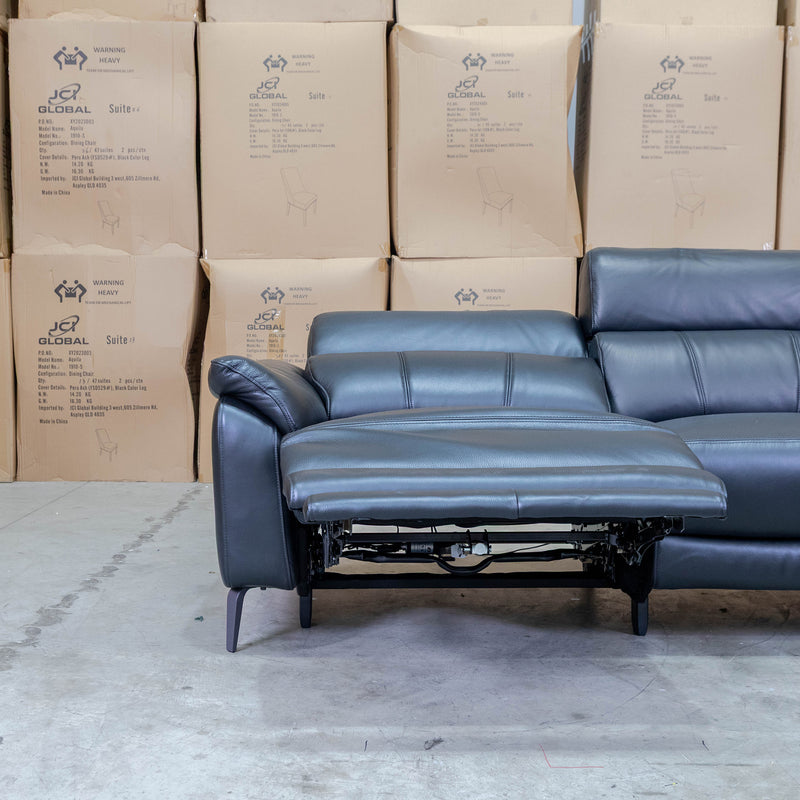 The Urban Electric Leather Corner Recliner Lounge - Black available to purchase from Warehouse Furniture Clearance at our next sale event.