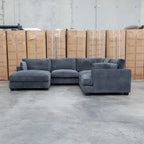 The Veloura Deep Seat Feather & Foam Corner Suite with Ottoman - Carbon available to purchase from Warehouse Furniture Clearance at our next sale event.