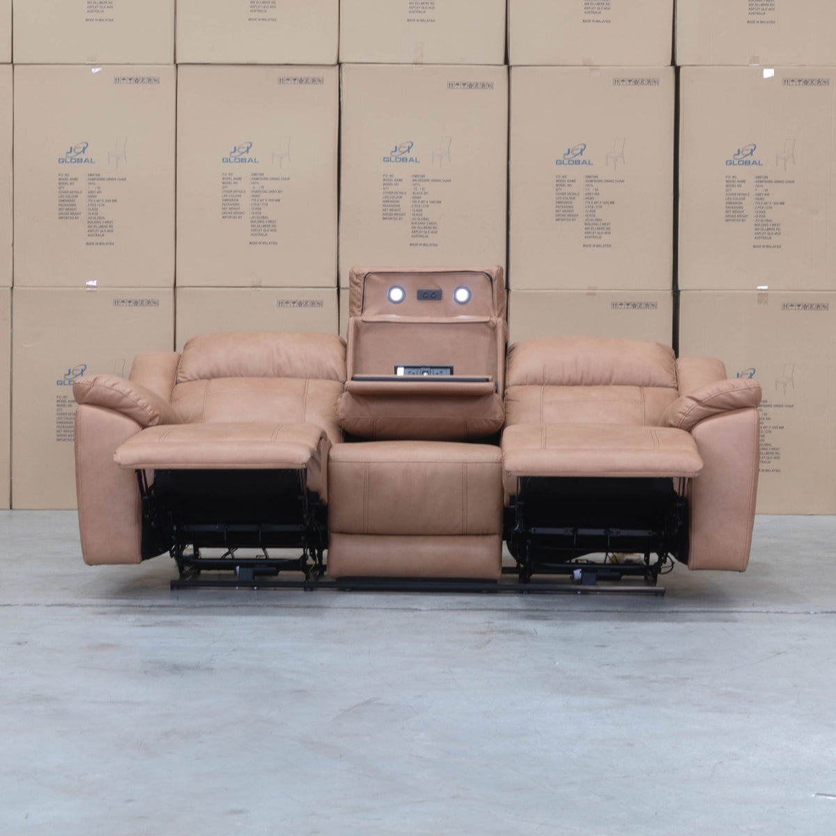 The Venus Three Seat Triple-Motor Electric Recliner Lounge - Tan available to purchase from Warehouse Furniture Clearance at our next sale event.