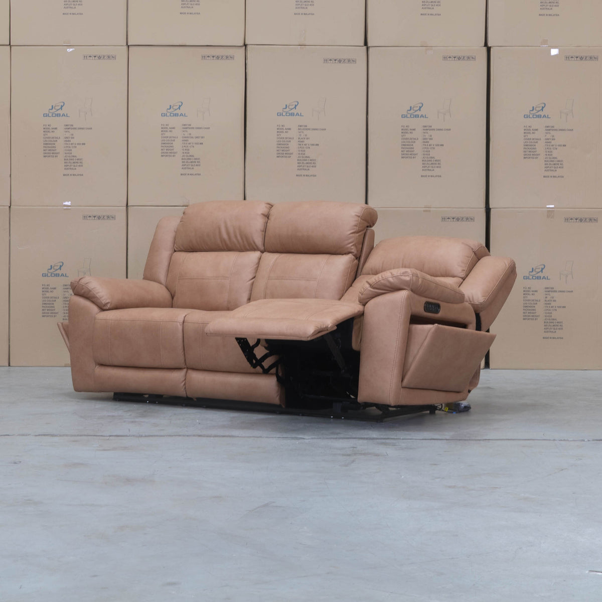 The Venus Three Seat Triple-Motor Electric Recliner Lounge - Tan available to purchase from Warehouse Furniture Clearance at our next sale event.
