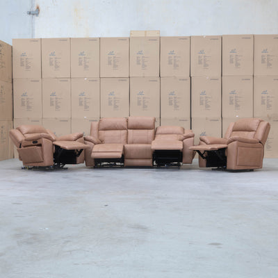 The Venus Three Seat Triple-Motor Electric Recliner Lounge - Tan available to purchase from Warehouse Furniture Clearance at our next sale event.