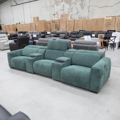 The Auckland Dual-Motor Three Seater Suite - Green Fabric - Floor Stock available to purchase from Warehouse Furniture Clearance at our next sale event.