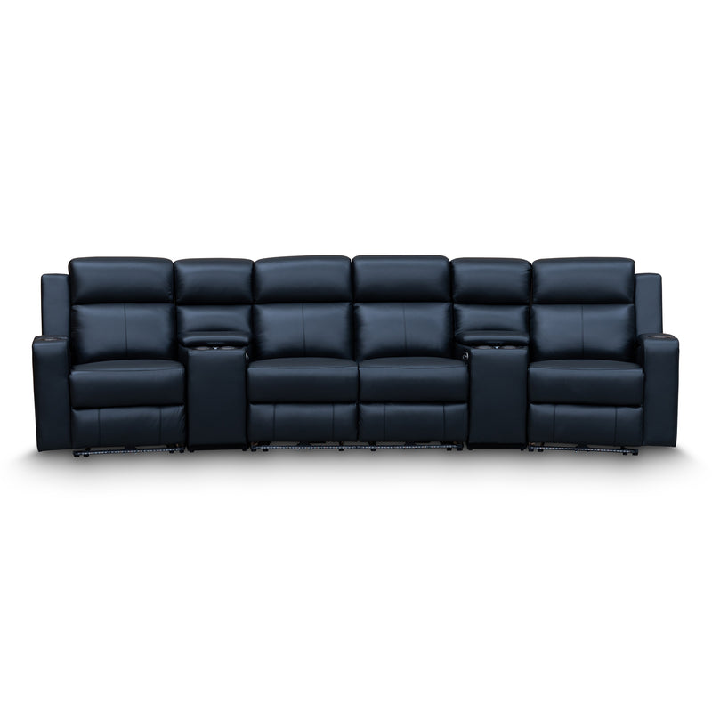 The Xanadu 4 Recliner Dual Motor Electric Theatre Lounge - Black Leather - Available After 6th November available to purchase from Warehouse Furniture Clearance at our next sale event.