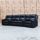 The Xanadu 4 Recliner Dual Motor Electric Theatre Lounge - Black Leather - Available After 6th November available to purchase from Warehouse Furniture Clearance at our next sale event.