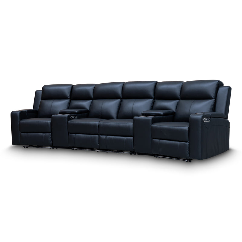 The Xanadu 4 Recliner Dual Motor Electric Theatre Lounge - Black Leather - Available After 6th November available to purchase from Warehouse Furniture Clearance at our next sale event.