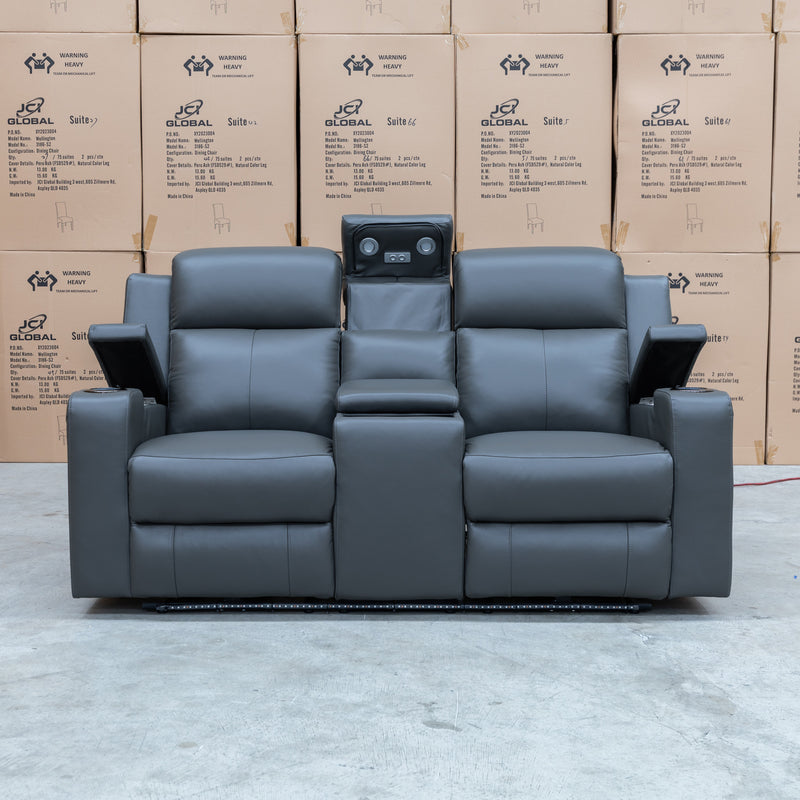 The Xanadu Two Seater Dual Motor Electric Recliner Theatre - Storm Leather available to purchase from Warehouse Furniture Clearance at our next sale event.