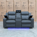 The Xanadu Two Seater Dual Motor Electric Recliner Theatre - Storm Leather available to purchase from Warehouse Furniture Clearance at our next sale event.