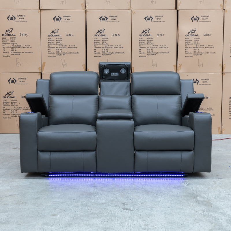 The Xanadu Two Seater Dual Motor Electric Recliner Theatre - Storm Leather available to purchase from Warehouse Furniture Clearance at our next sale event.