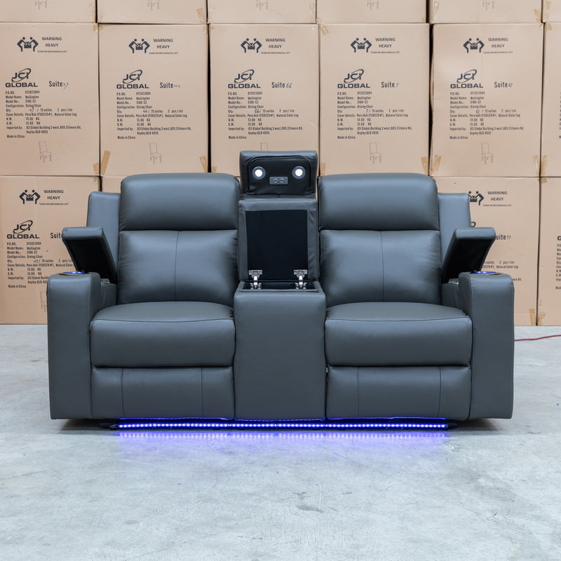 The Xanadu Two Seater Dual Motor Electric Recliner Theatre - Storm Leather available to purchase from Warehouse Furniture Clearance at our next sale event.