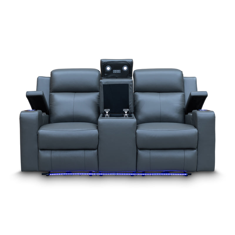 The Xanadu Two Seater Dual Motor Electric Recliner Theatre - Storm Leather available to purchase from Warehouse Furniture Clearance at our next sale event.