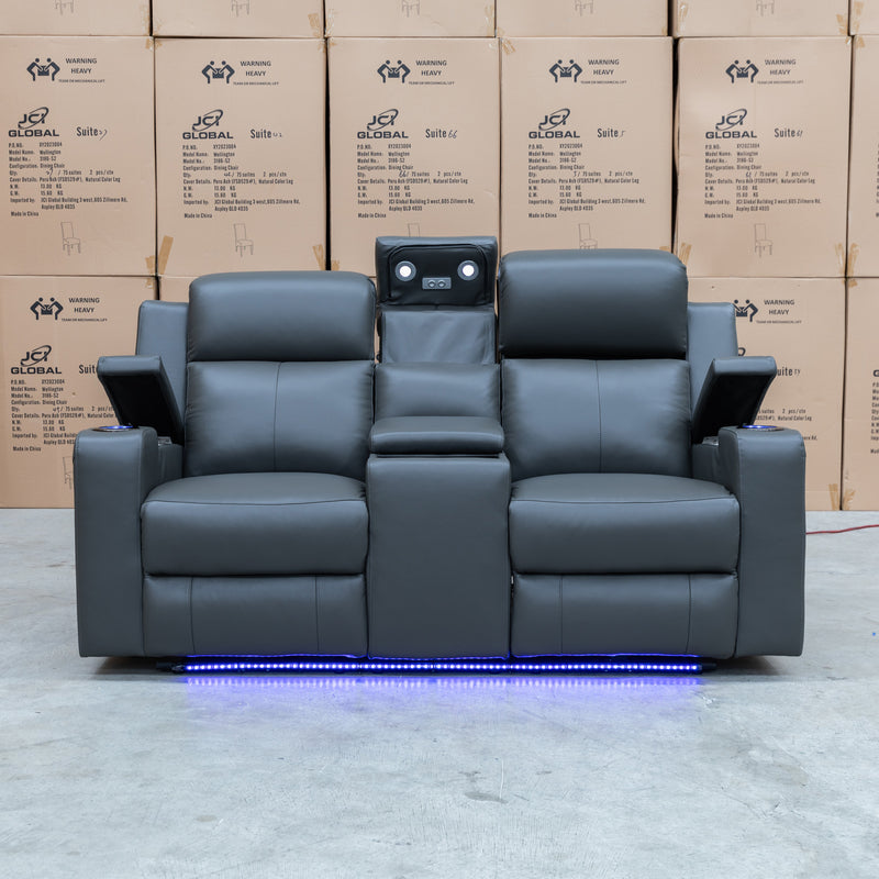 The Xanadu Two Seater Dual Motor Electric Recliner Theatre - Storm Leather available to purchase from Warehouse Furniture Clearance at our next sale event.