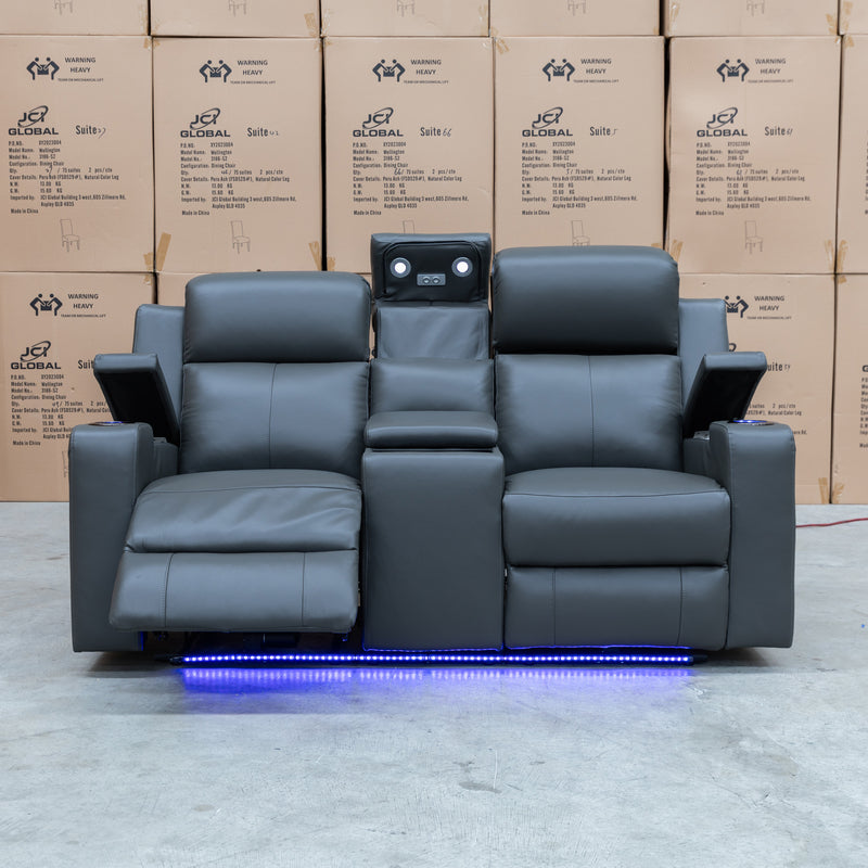 The Xanadu Two Seater Dual Motor Electric Recliner Theatre - Storm Leather available to purchase from Warehouse Furniture Clearance at our next sale event.