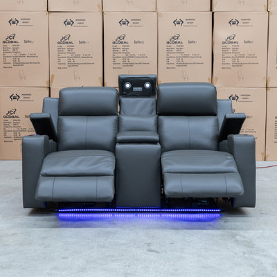 The Xanadu Two Seater Dual Motor Electric Recliner Theatre - Storm Leather available to purchase from Warehouse Furniture Clearance at our next sale event.