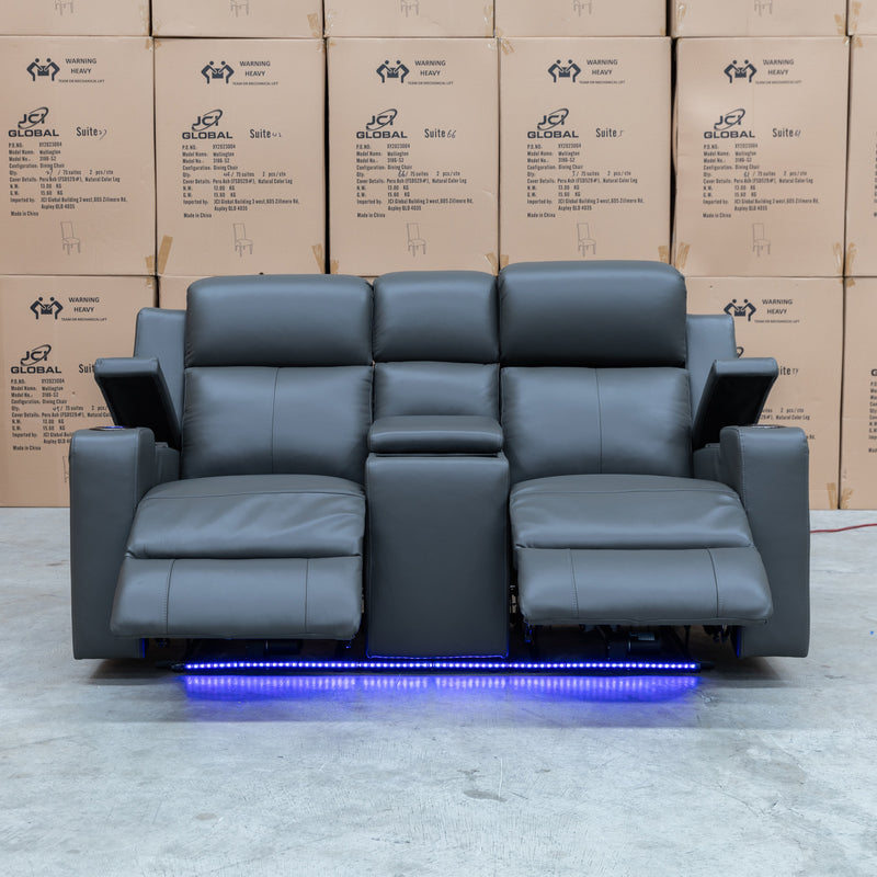 The Xanadu Two Seater Dual Motor Electric Recliner Theatre - Storm Leather available to purchase from Warehouse Furniture Clearance at our next sale event.