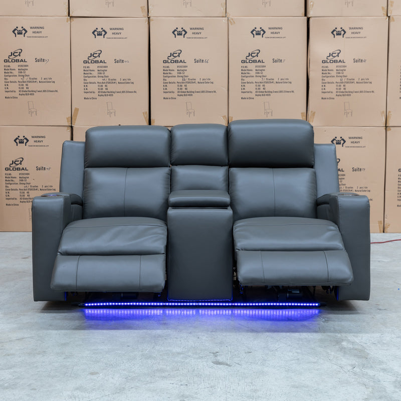 The Xanadu Two Seater Dual Motor Electric Recliner Theatre - Storm Leather available to purchase from Warehouse Furniture Clearance at our next sale event.