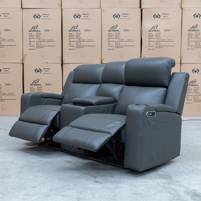 The Xanadu Two Seater Dual Motor Electric Recliner Theatre - Storm Leather available to purchase from Warehouse Furniture Clearance at our next sale event.
