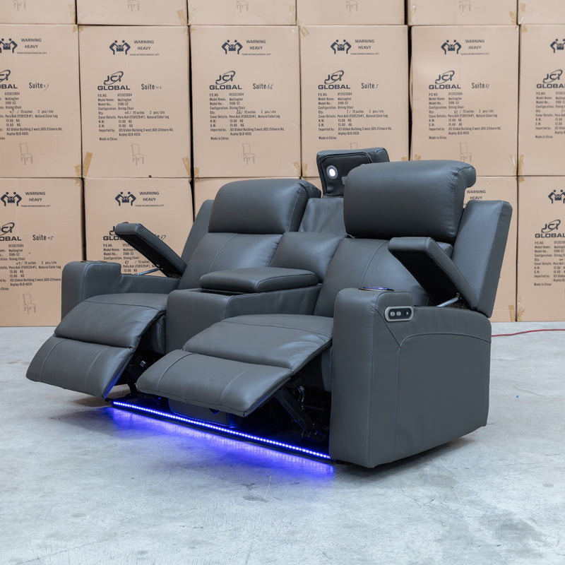 The Xanadu Two Seater Dual Motor Electric Recliner Theatre - Storm Leather available to purchase from Warehouse Furniture Clearance at our next sale event.